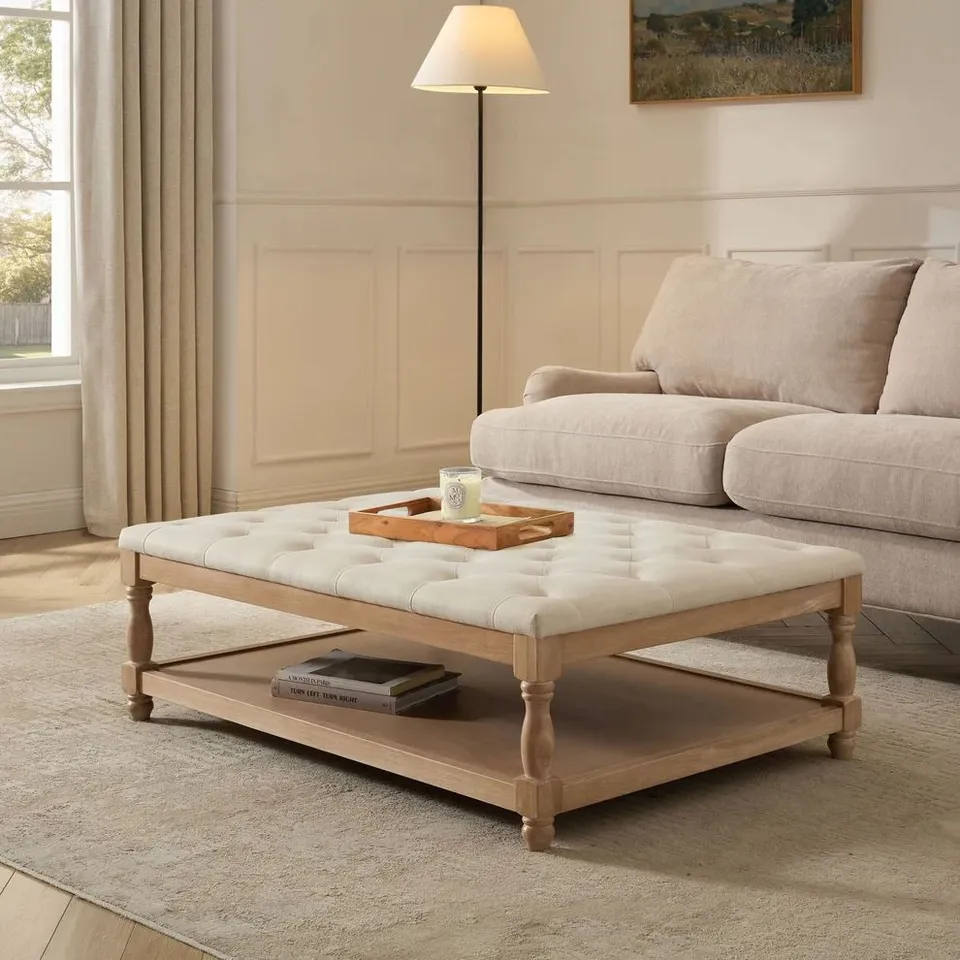 BOXED DUSK KNARESBOROUGH BUTTON BACK COFFEE TABLE POUFFE - CREAM LINEN