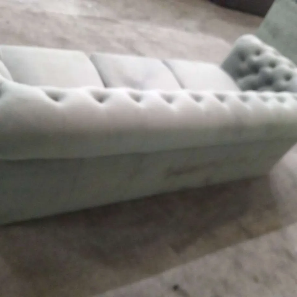 DESIGNER GREY VELVET EFFECT BUTTON BACK THREE SEATER SOFA WITH BUTTON BACK DETAIL