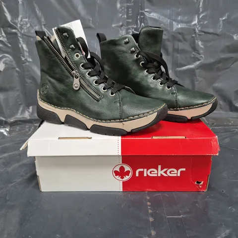 BOXED PAIR OF RIEKER ZIP HITOP SHOES IN GREEN SIZE 5