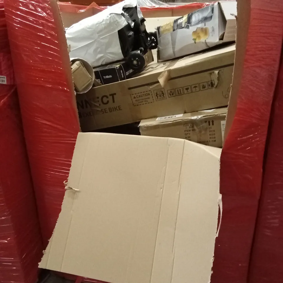 PALLET OF ASSORTED HOUSEHOLD GOODS AND PRODUCTS TO INCLUDE; EXERCISE BIKE, JUICER, CAST IRON TORTILLA PRESS ETC