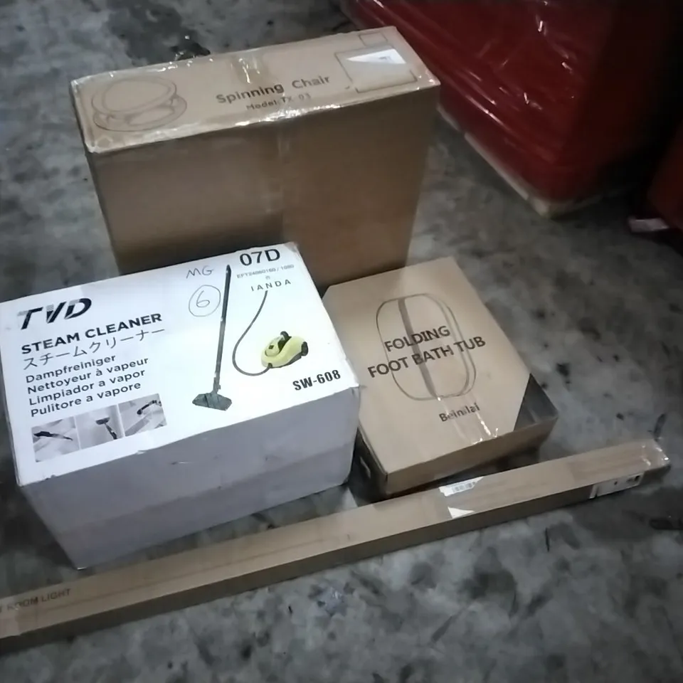 PALLET OF HOUSEHOLD ITEMS TO INCLUDE WET ROOM LIGHT,STEAM CLEANER, FOLDING FOOT BATH TUB, SPINNING CHAIR AND OTHER ASSORTED ITEMS...