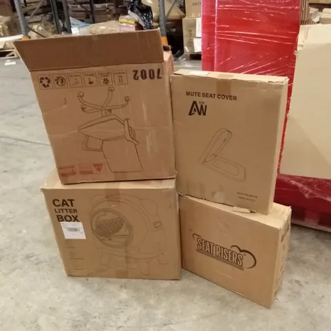 PALLET OF ASSORTED HOUSEHOLD GOODS AND PRODUCTS TO INCLUDE; COMPUTER DESK, CAT LITTER BOX, SEAT RISER, TOILET SEAT, OFFICE CHAIR ETC