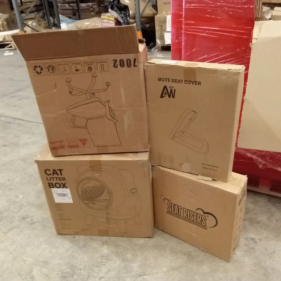 PALLET OF ASSORTED HOUSEHOLD GOODS AND PRODUCTS TO INCLUDE; COMPUTER DESK, CAT LITTER BOX, SEAT RISER, TOILET SEAT, OFFICE CHAIR ETC