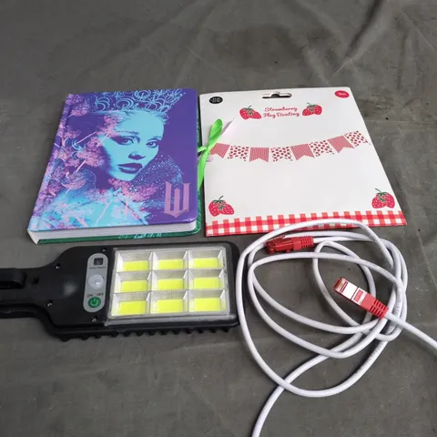 BOX OF APPROXIMATELY 20 HOUSEHOLD ITEMS TO INCLUDE TELEPHONE CABLE, A WICKED JOURNAL AND STRAWBERRY FLAG BUNTING