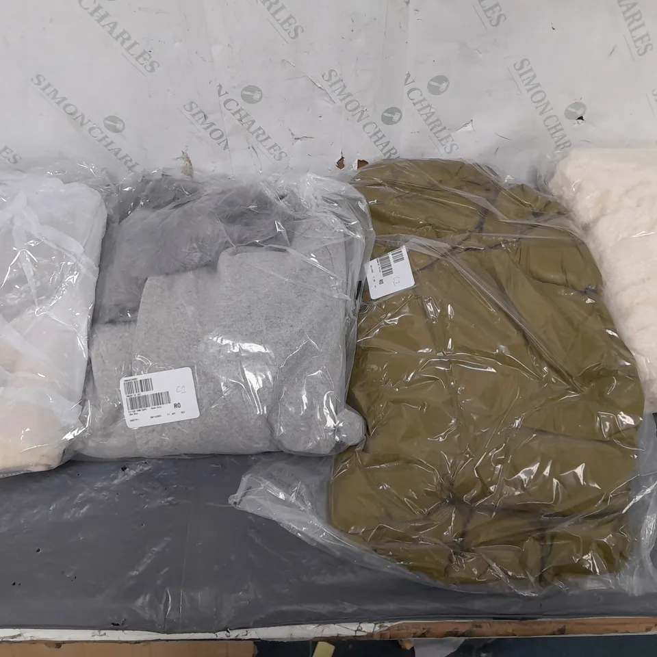 BOX OF APPROXIMATELY 10 ASSORTED BAGGED PIECES OF CLOTHING IN VARIOUS STYLES, SIZES, AND BRANDS 
