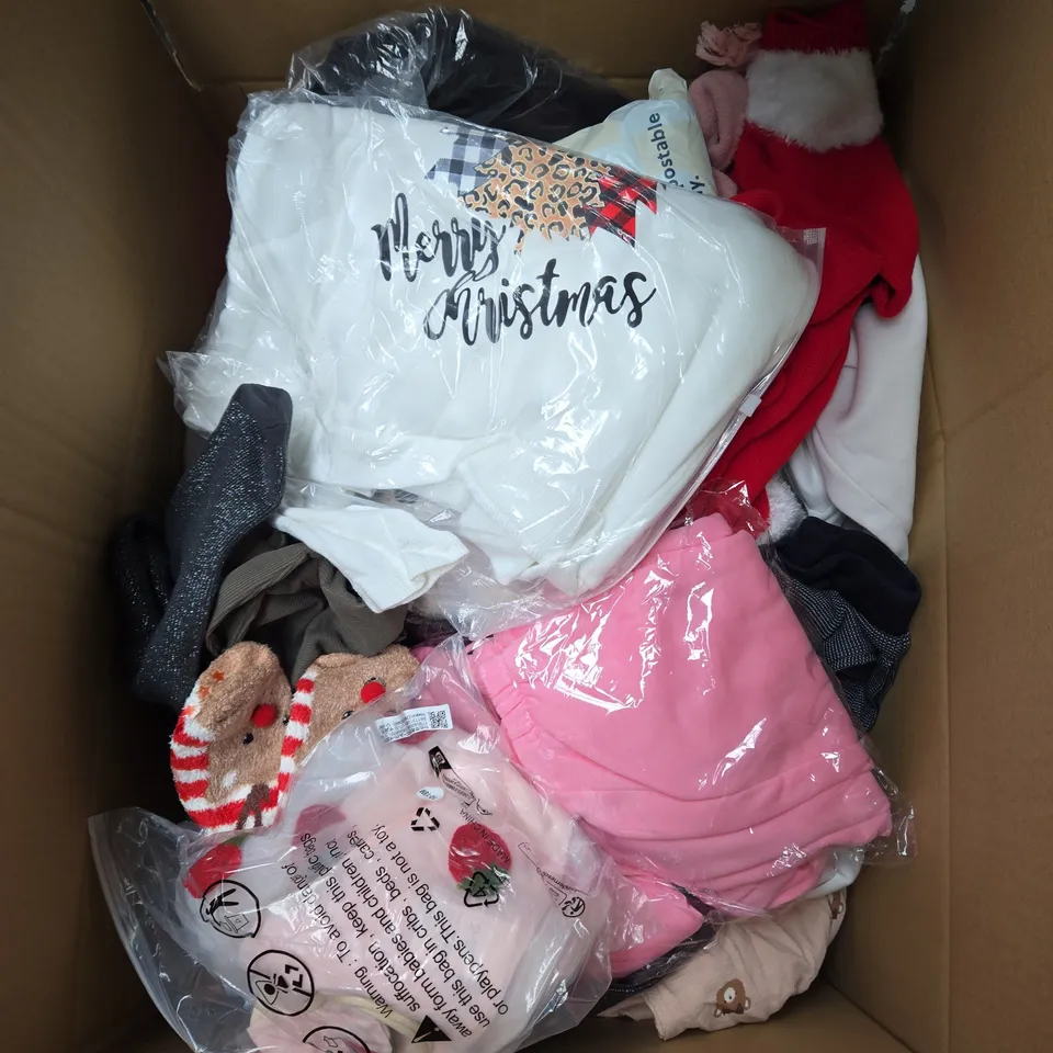 BOX OF APPROXIMATELY 35 ASSORTED KIDS CLOTHING ITEMS TO INCUDE - BAG, PYJAMAS, DRESS, ETC