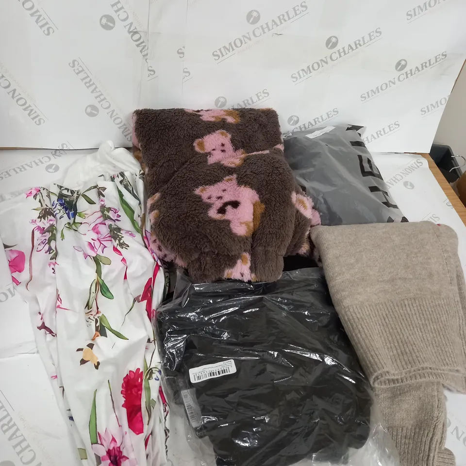 LARGE BOX OF ASSORTED CLOTHING ITEMS IN VARIOUS COLOURS AND SIZES INCLUDING TROUSERS , TOPS AND JUMPERS 