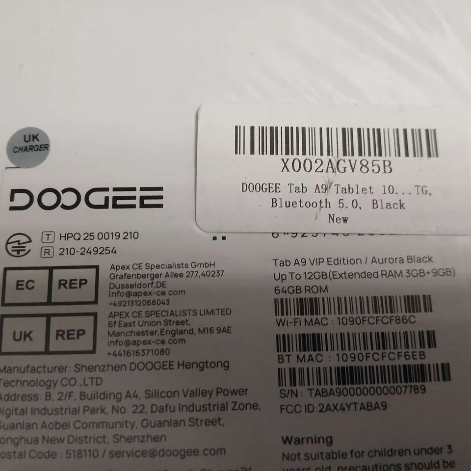 SEALED DOOGEE TAB A9 VIP EDITION TABLET – AURORA BLACK, 64GB ROM, UP TO 12GB RAM 