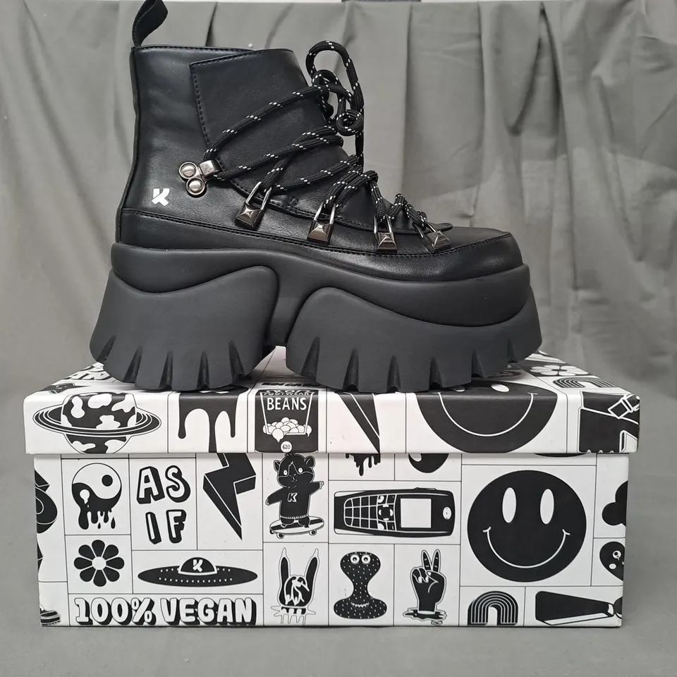 BOXED PAIR OF KOI VEGAN SIGMAR CHUNKY HIKING BOOTS IN BLACK UK SIZE 3