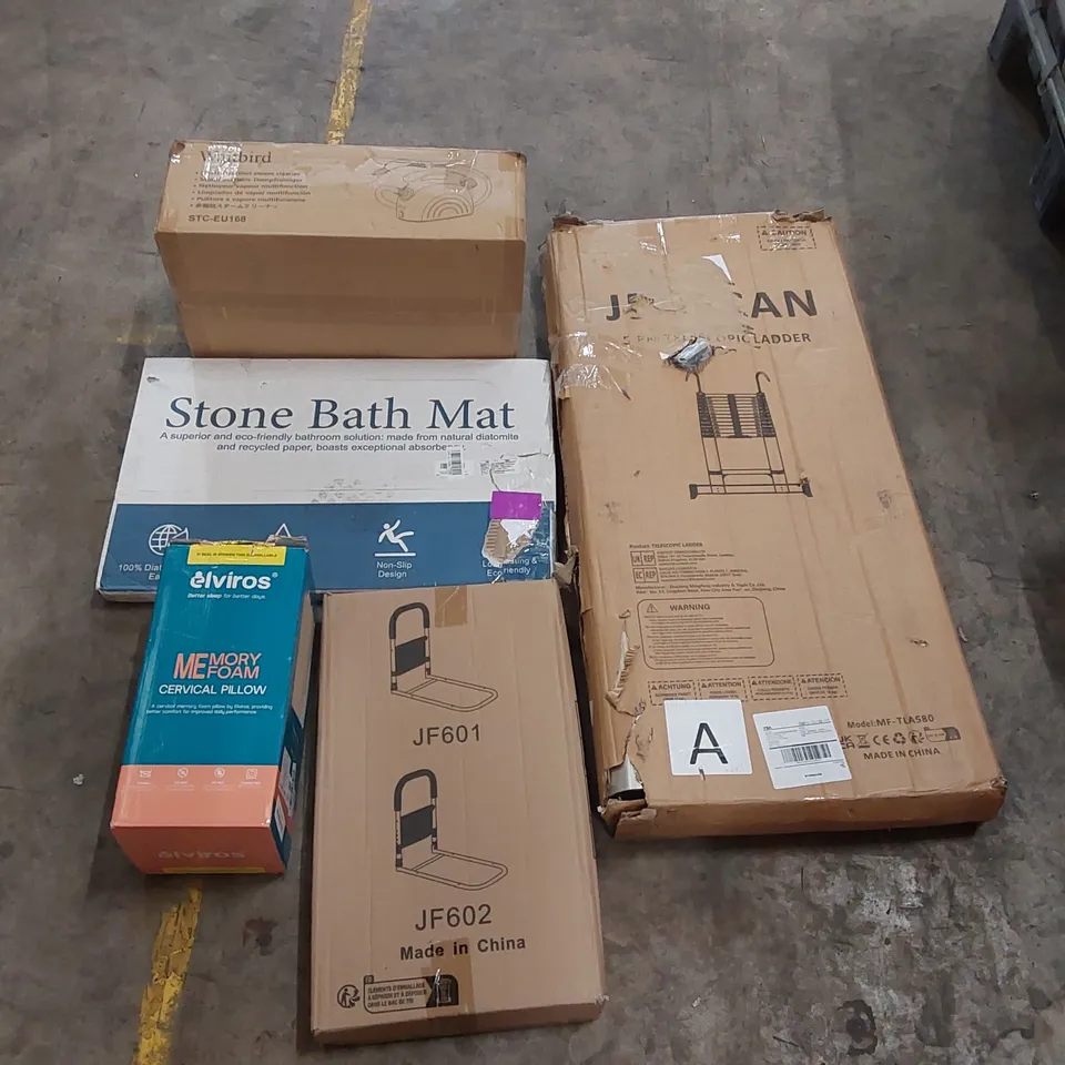 PALLET OF ASSORTED ITEMS INCLUDING: TELESCOPIC LADDERS, MULTIFUNCTIONAL STEAM CLEANER, STONE BATH MAT, MEMORY FOAM CERVICAL PILLOW ECT