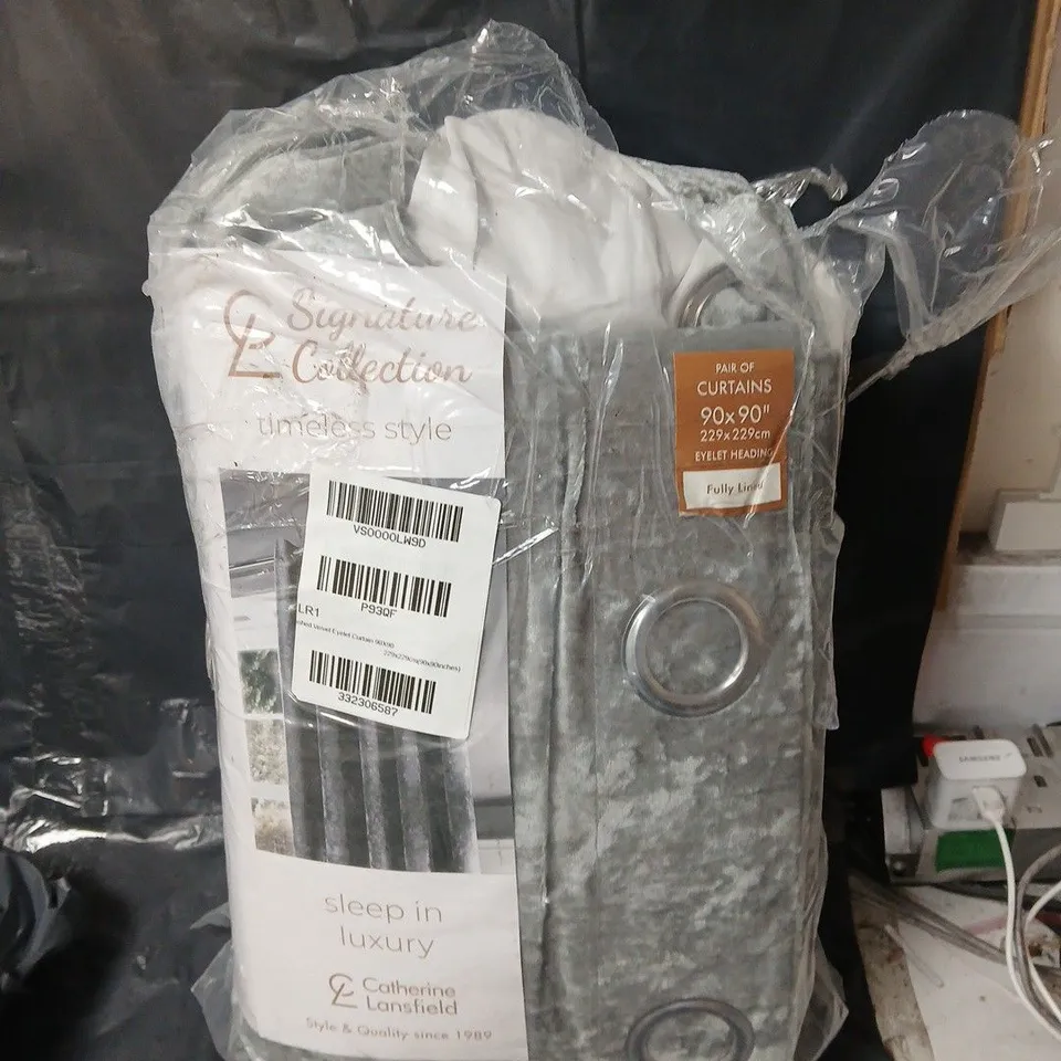 CATHERINE LANSFIELD PAIR OF EYELET HEADING CRUSHED VELVET CURTAINS IN GREY - 90 X 90"
