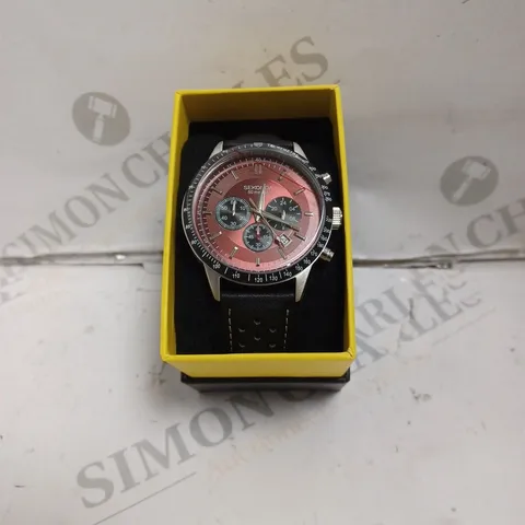 BOXED SEKONDA GENTS CHRONOGRAPH RED SPORTS WATCH WITH GENUINE LEATHER STRAP - JAPAN MOVEMENT - 5ATM. 