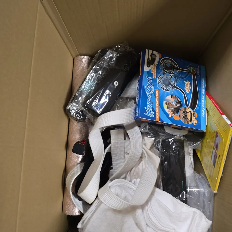 BOX OF APPROXIMATELY 10 ASSORTED HOUSEHOLD ITEMS TO INCLUDE - FOIL WALLPAPER - LABELS - MALLET - ETC - COLLECTION ONLY