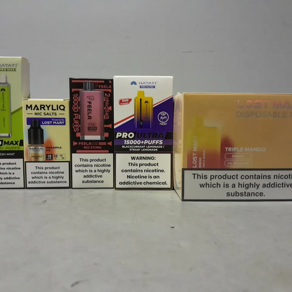 APPROXIMATELY 15 ASSORTED E-CIGARETTE PRODUCTS TO INCLUDE - LOST MARY , HAYATI ETC