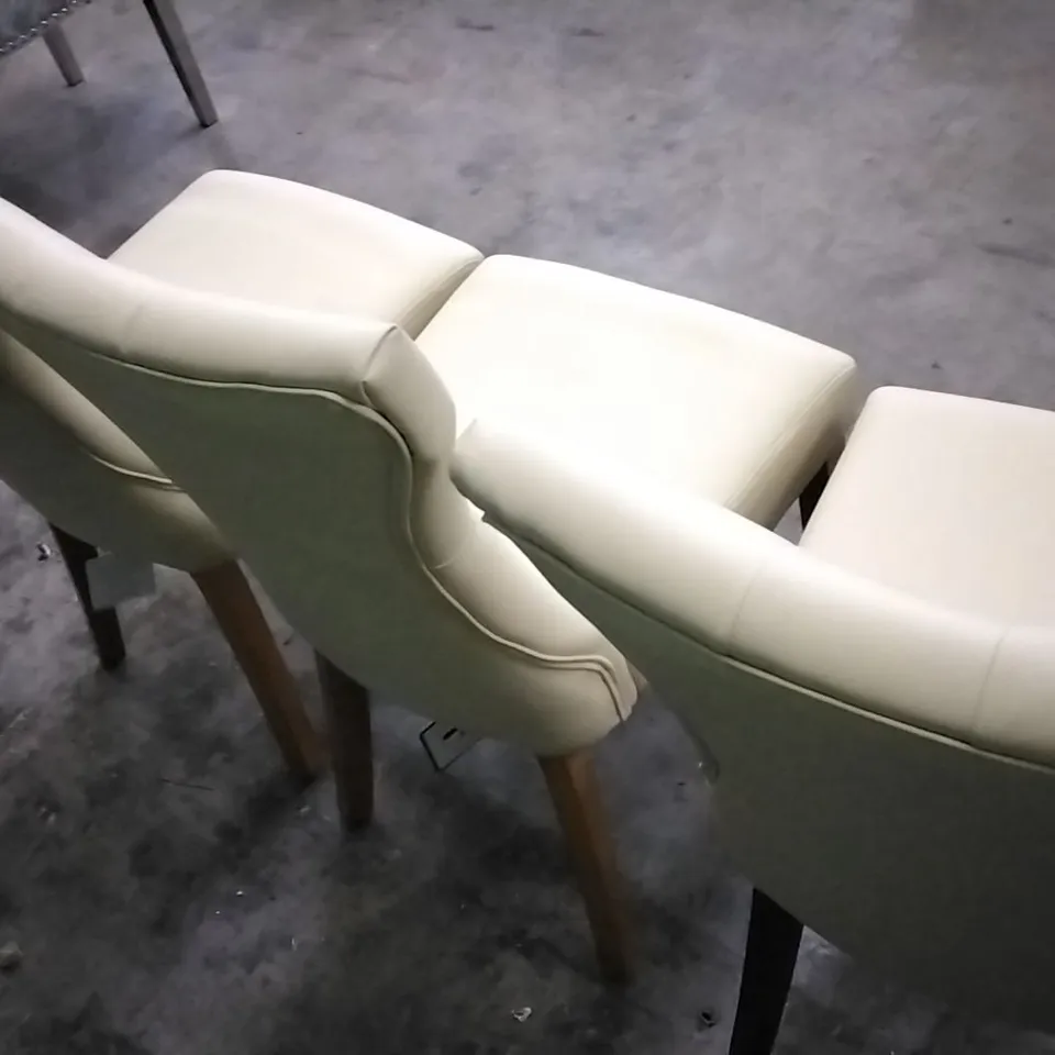 SET OF 3 CREAM LEATHER BUTTONBACK DINING CHAIRS WITH WOODEN LEGS