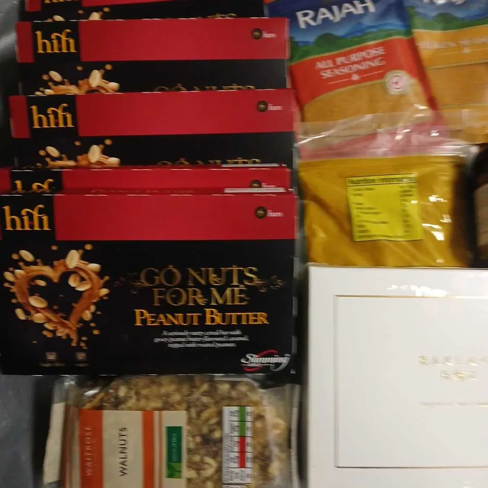 LOT OF 14 ASSORTED FOOD ITEMS TO INCLUDE COLD MILLED FLAXSEED, HIFI SNACK BARS AND BAKLAVA BOX