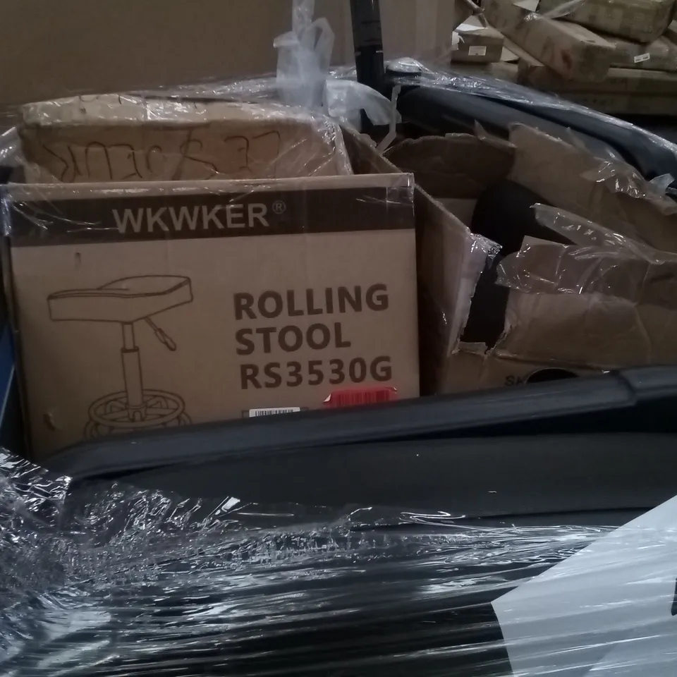 PALLET OF ASSORTED ITEMS INCLUDING ROLLING STOOL, MESH OFFICE CHAIR, BASKETBALL BACKBOARD 