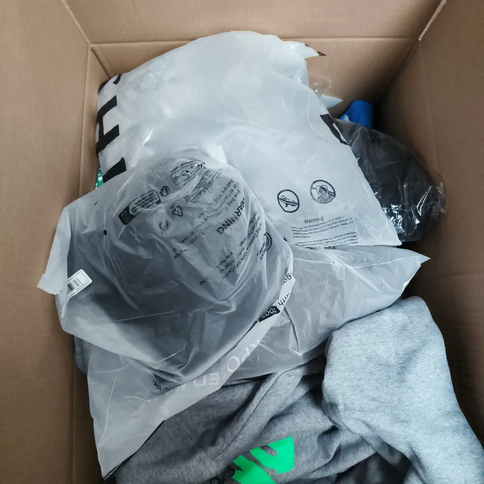 LARGE BOX OF APPROXIMATELY 25 ASSORTED CLOTHING ITEMS IN VARIOUS COLOURS, STYLES AND SIZES - COLLECTION ONLY