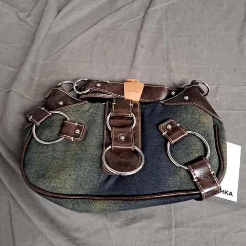 BERSHKA HANDBAG IN BROWN/DENIM ONE SIZE