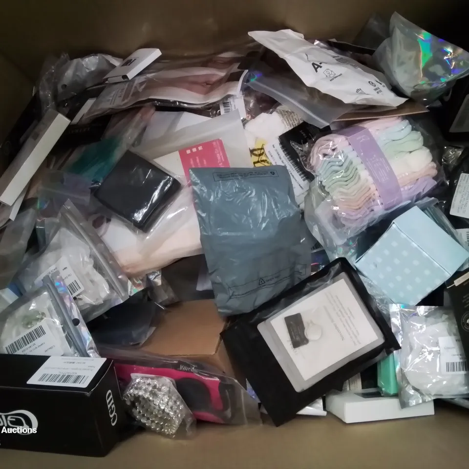 BOX CONTAINING LARGE AMOUNT OF MIXED FASHION ITEMS, SILVER PLATE AND COSTUME JEWELLERY, CLOTHING ITEMS ETC.