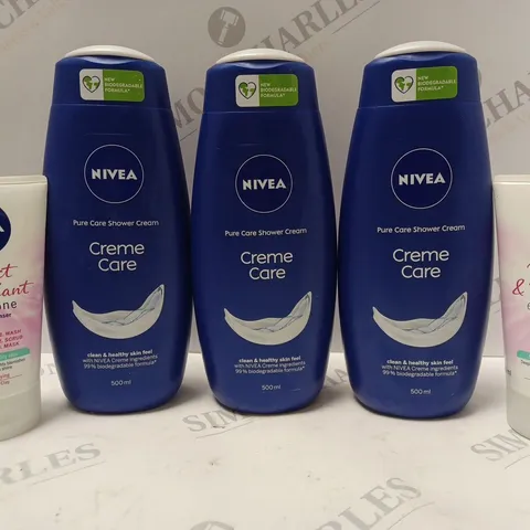 BOX OF NIVEA CREME CARE SHOWER CREAM 3 X 500ML AND NIVEA PERFECT & RADIANT EVENTONE CLEANSER 2 X 150ML