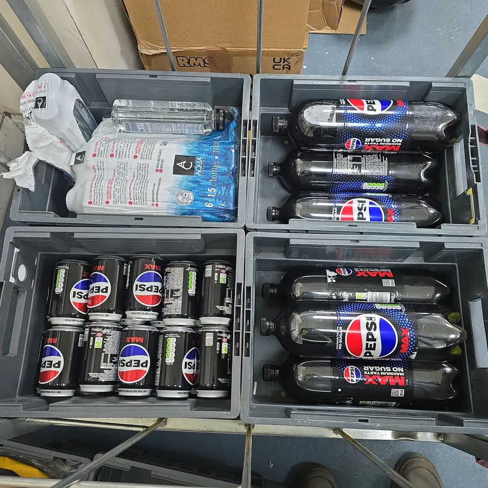 LARGE QUANTITY OF ASSORTED DRINK TO INCLUDE PEPSI MAX 330ML AND 2L, AQUA WATER AND FLAVOURED SYRUPS
