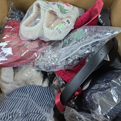 APPROXIMATELY 15 ASSORTED CLOTHING PRODUCTS TO INCLUDE JACKETS, BELTS, SHOES ETC