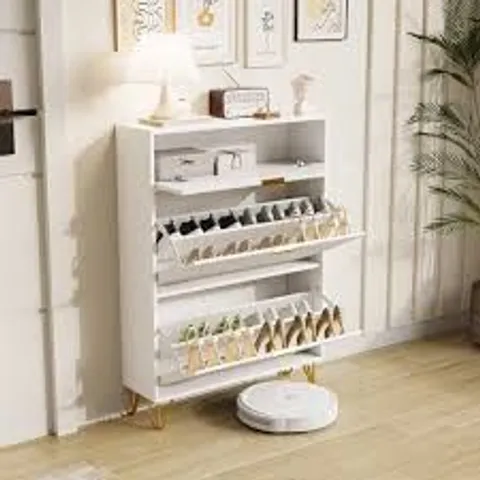BOXED SHOE CABINET WITH 2 FLAPS, 80×24×106 CM, NARROW SHOE RACK, WHITE
