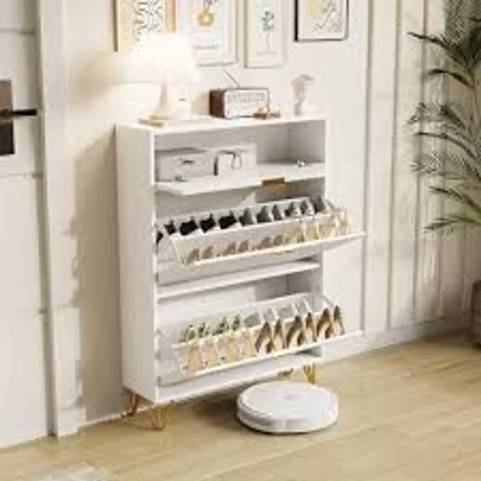 BOXED SHOE CABINET WITH 2 FLAPS, 80×24×106 CM, NARROW SHOE RACK, WHITE