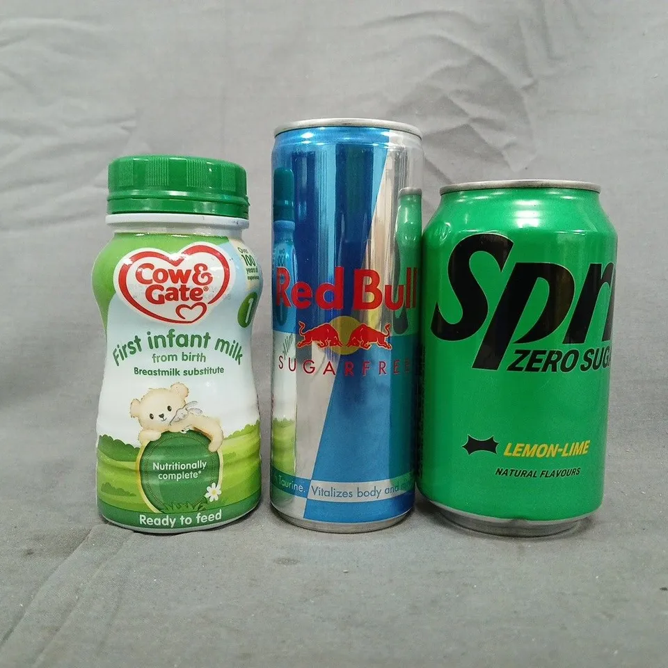 APPROXIMATELY 20 ASSORTED FOOD AND DRINK ITEMS TO INCLUDE RED BULL, SPRITE, AND COW & GATE