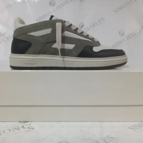 BOXED PAIR OF REPRESENT SHOES IN OLIVE/WHITE/BLACK UK SIZE 9
