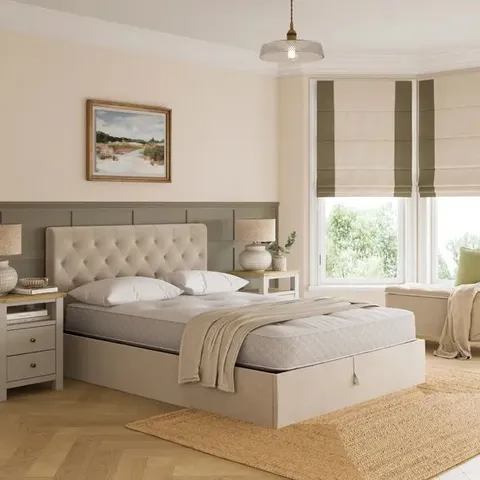 BOXED EMBERLY CHENILLE OTTOMAN DOUBLE BED FRAME - IVORY (3 BOXES)