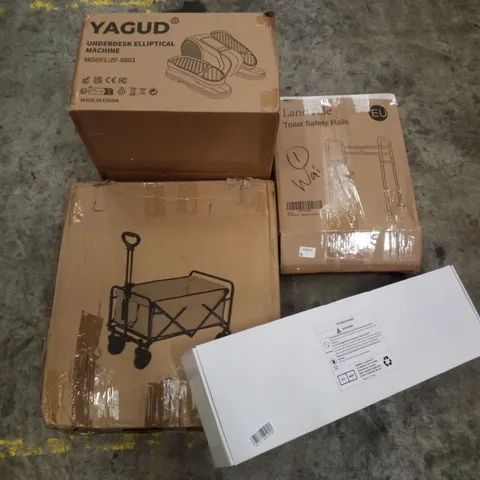 PALLET CONTAINING ASSORTED PRODUCTS INCLUDING UNDER DESK ELLIPTICAL MACHINE, TOILET SAFETY RAILS, FOLDABLE TROLLEY & SHOWER MIXER
