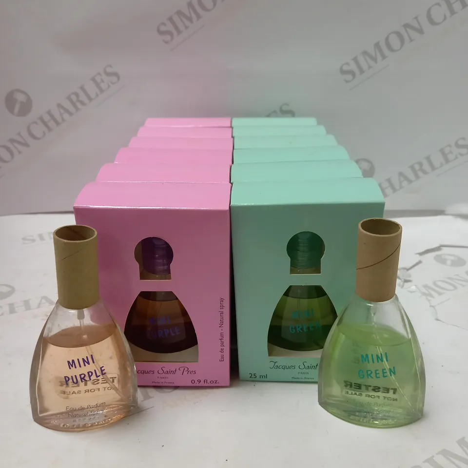 LOT OF APPROX 14 X 25ML ASSORTED JSP MINI PURPLE & MINI GREEN EAU DE PARFUM