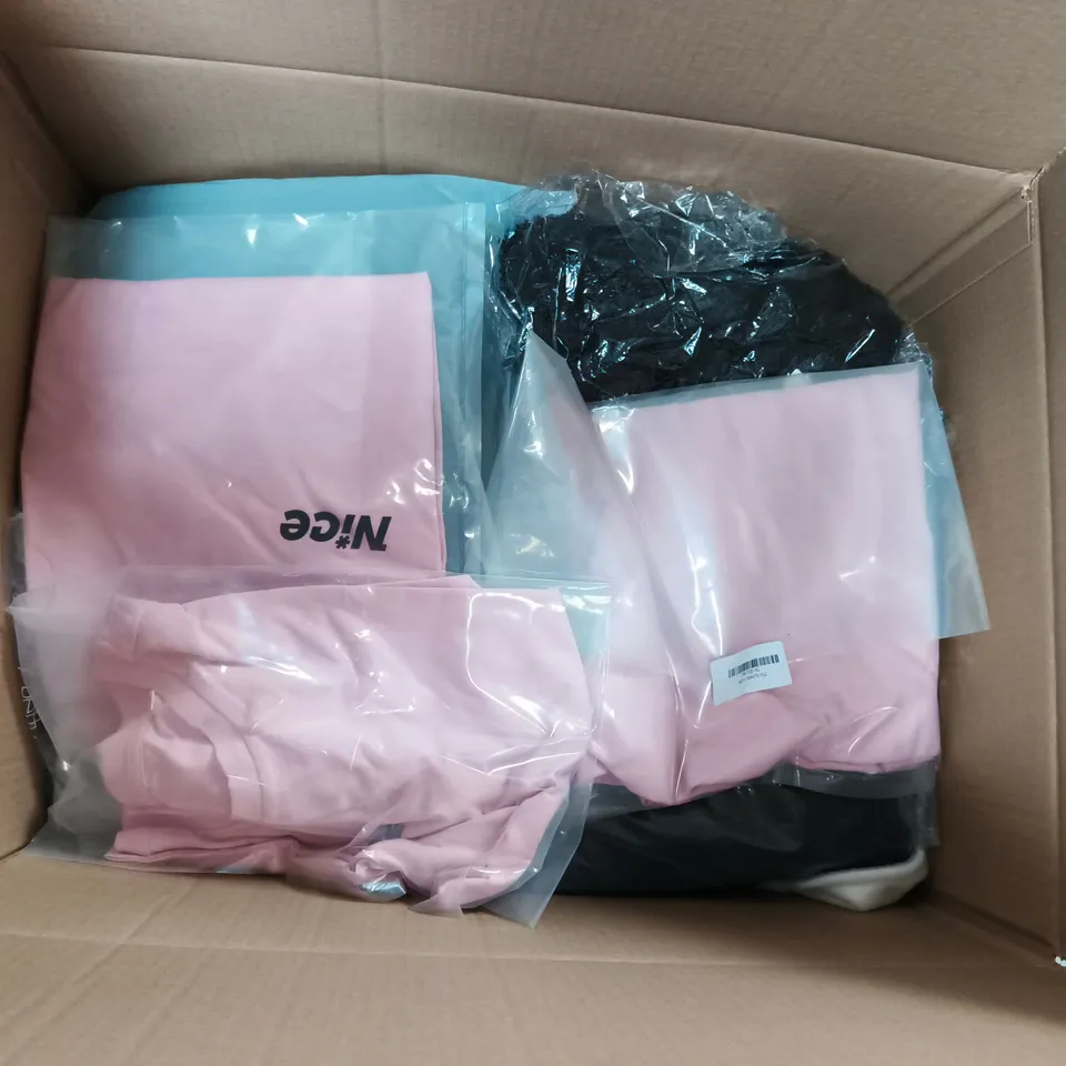 LARGE BOX OF APPROXIMATELY 25 ASSORTED CLOTHING ITEMS IN VARIOUS COLOURS, STYLES AND SIZES - COLLECTION ONLY
