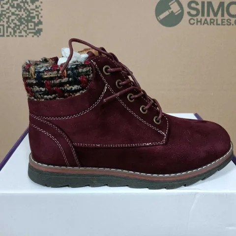 BOXED PAIR OF LOTUS SYCAMORE BORDO BOOTS – UK 3, BURGUNDY SUEDE