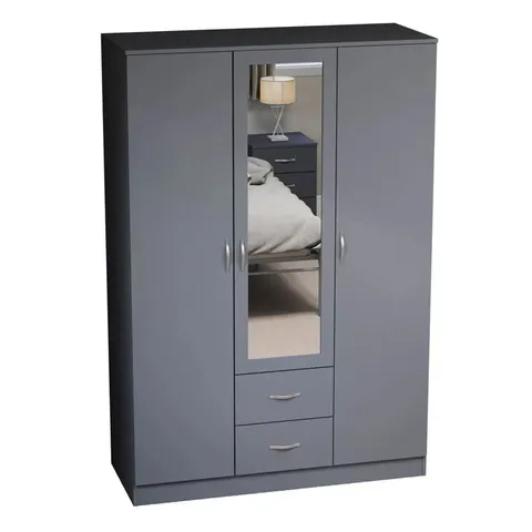 BOXED MAYBERY 3 DOOR 2 DRAWER MIRRORED WARDROBE, WITH SHELF & HANGING RAIL - GREY (3 BOXES)