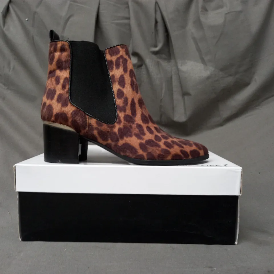 BOXED PAIR OF NINE WEST TAYE SYNTHETIC ANKLE BOOTS IN ANIMAL PRINT EU SIZE 35