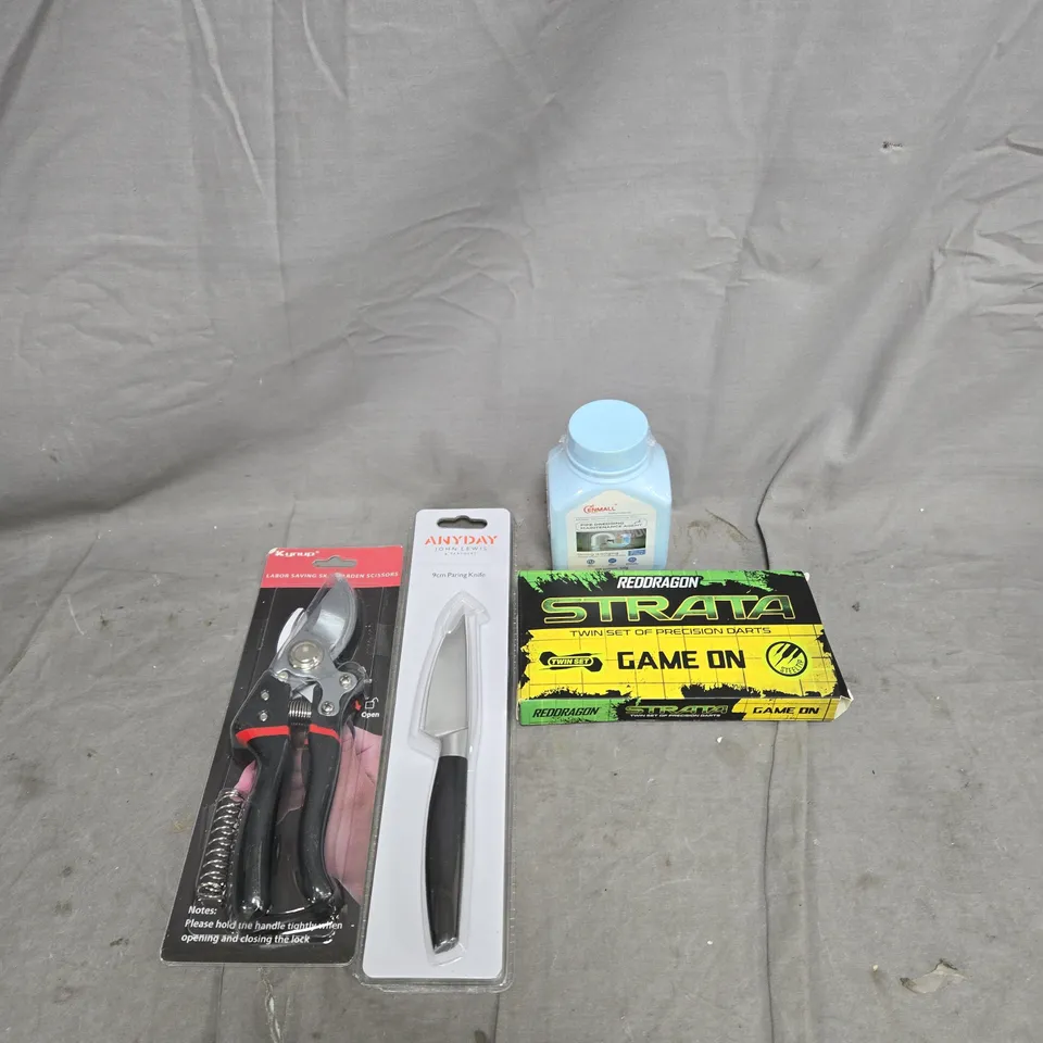 APPROXIMATELY 15 ASSORTED HOUSEHOLD ITEMS TO INCLUDE PIPE DREDGING AGENT, DARTS, PAIRING KNIFE, GARDEN SCISSORS ETC