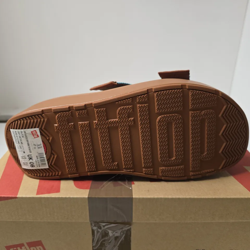 FIT FLOP MAX BUCKLE TWO BAR SLIDES DEEP TAN/TEAL UK 8 BOXED