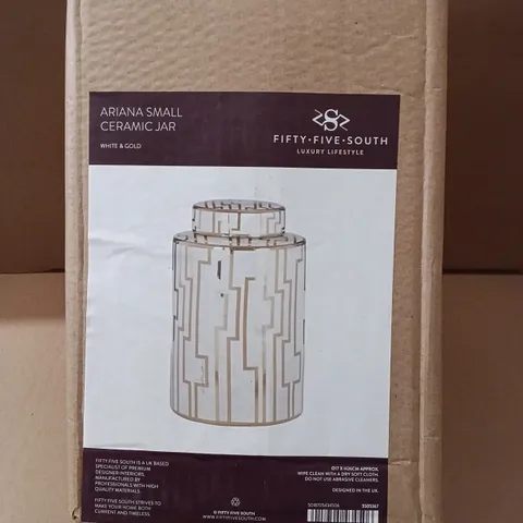 BOXED FIFTY FIVE SOUTH ARIANA CERAMIC JAR, SMALL - WHITE & GOLD (1 BOX)