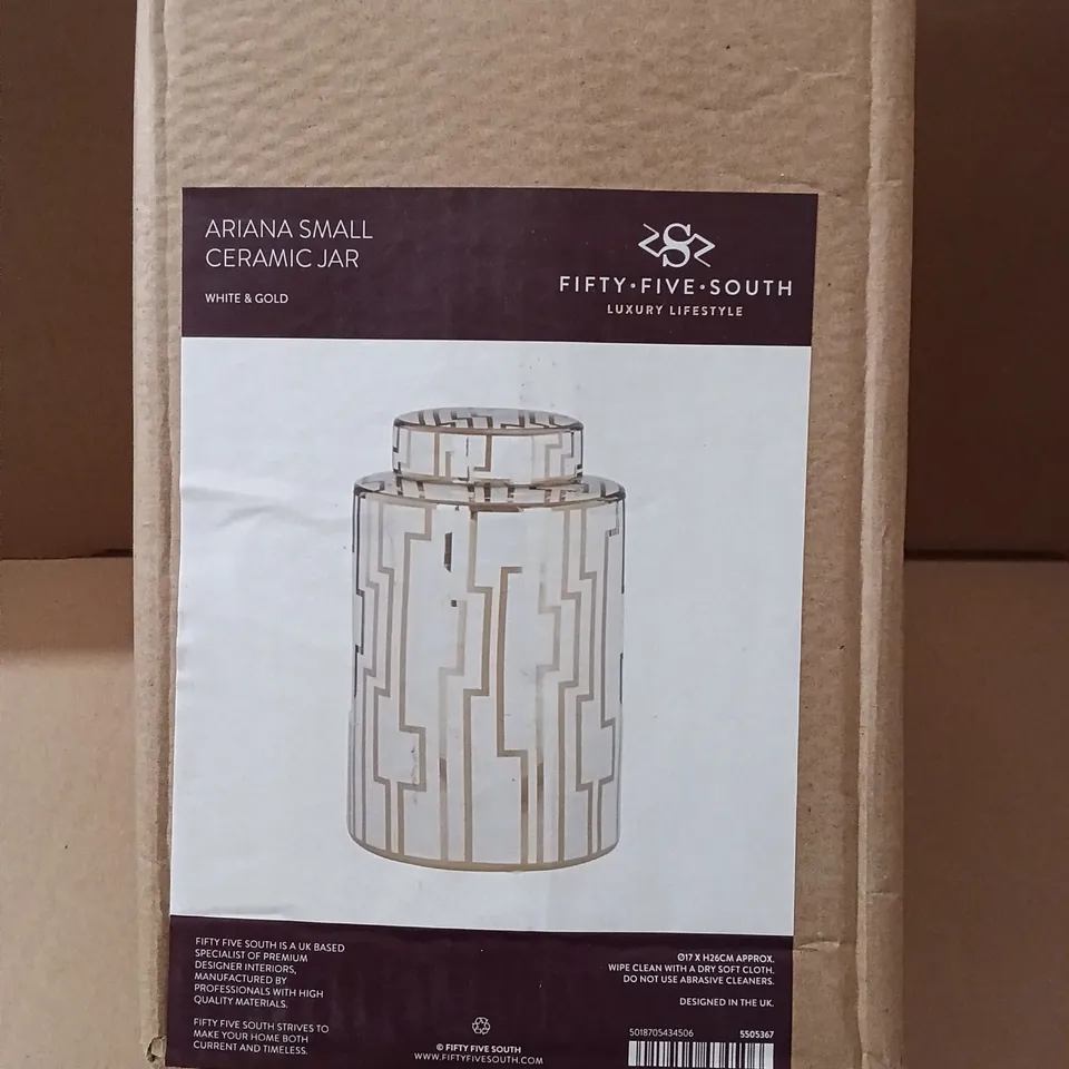 BOXED FIFTY FIVE SOUTH ARIANA CERAMIC JAR, SMALL - WHITE & GOLD (1 BOX)