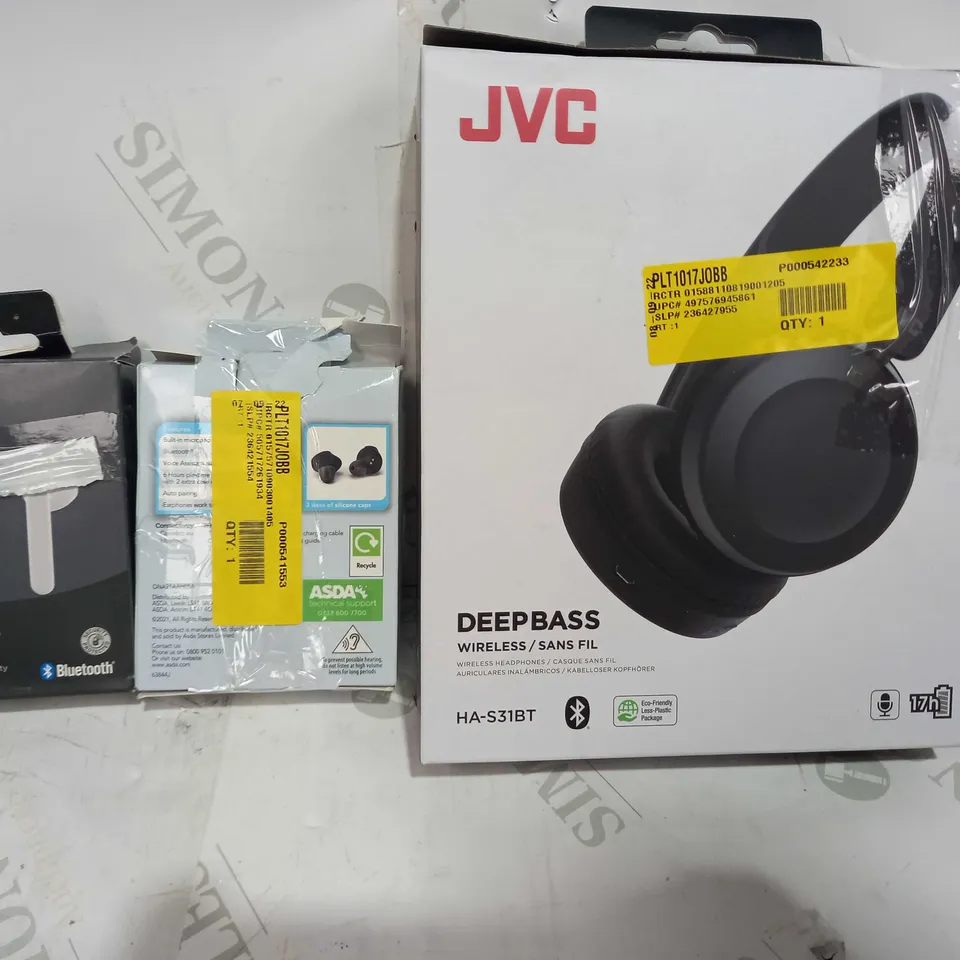BOX OF APPROXIMATELY 5 ASSORTED HOUSEHOLD ITEMS TO INCLUDE ASDA TECH TRUE WIRELESS EARBUDS, ONN TRUE WIRELESS EARBUDS, JVC DEEPBASS WIRELESS HEADPHONES, ETC