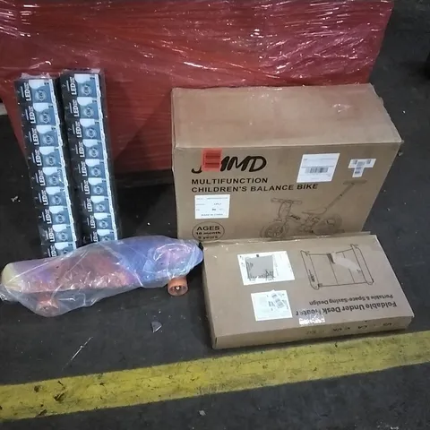 PALLET OF HOUSEHOLD ITEMS TO INCLUDE SKATEBOARD, MULTIFUNCTION CHILDREN'S BALANCE BIKE, UNDER DESK HEATER AND OTHER ASSORTED ITEMS...