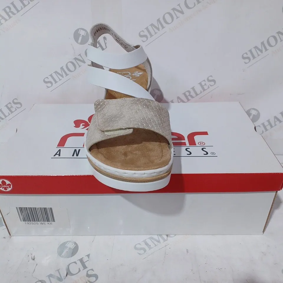 BOXED PAIR OF RIEKER OPEN TOE STRAPPY SANDALS IN WHITE SIZE 6