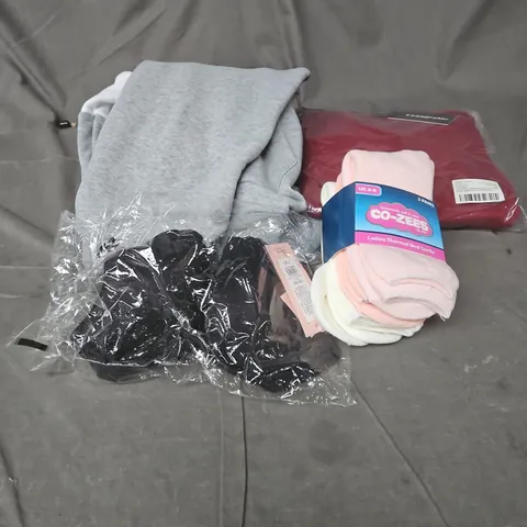 BOX OF APPROXIMATELY 25 ASSORTED CLOTHING ITEMS TO INCLUDE GREY HOODIE, SOCKS, BRA, BURGUNDY PYJAMAS ETC