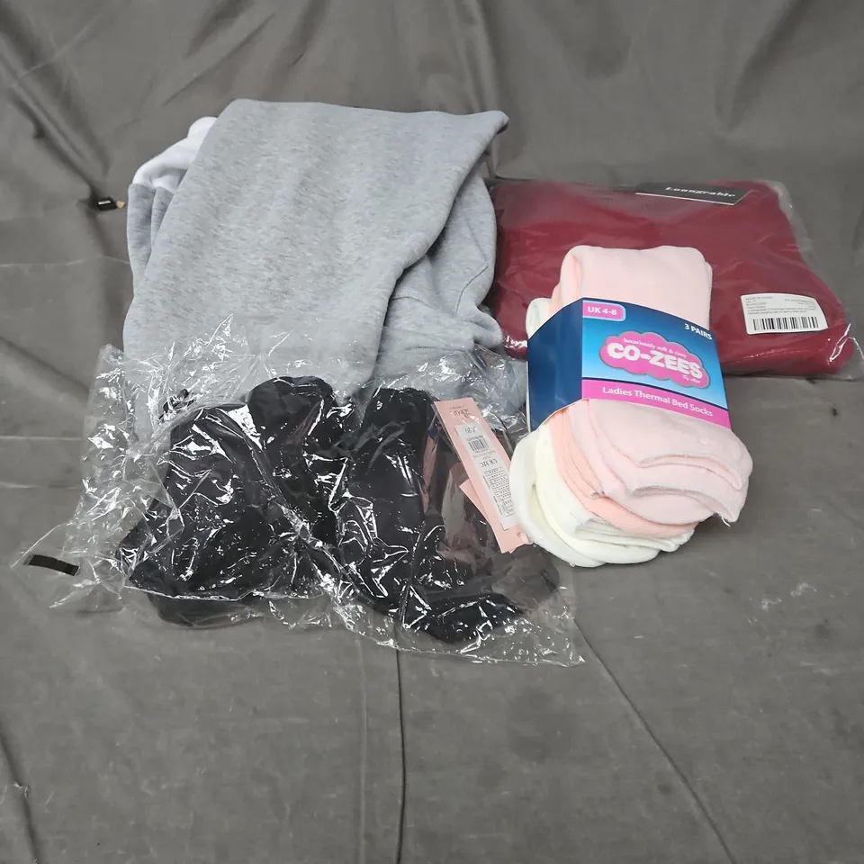 BOX OF APPROXIMATELY 25 ASSORTED CLOTHING ITEMS TO INCLUDE GREY HOODIE, SOCKS, BRA, BURGUNDY PYJAMAS ETC