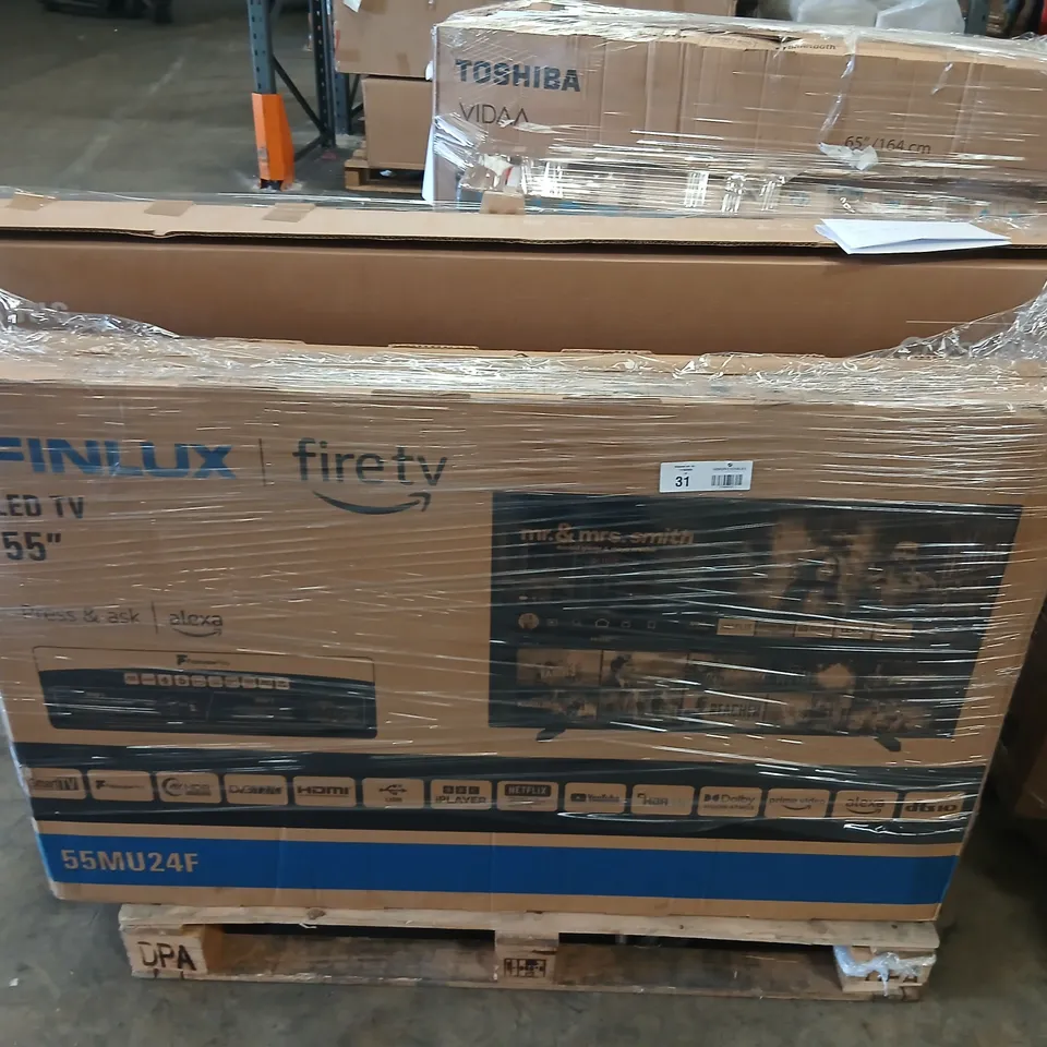 PALLET OF FIVE ASSORTED WAREHOUSE DAMAGED TV'S TO INCLUDE;