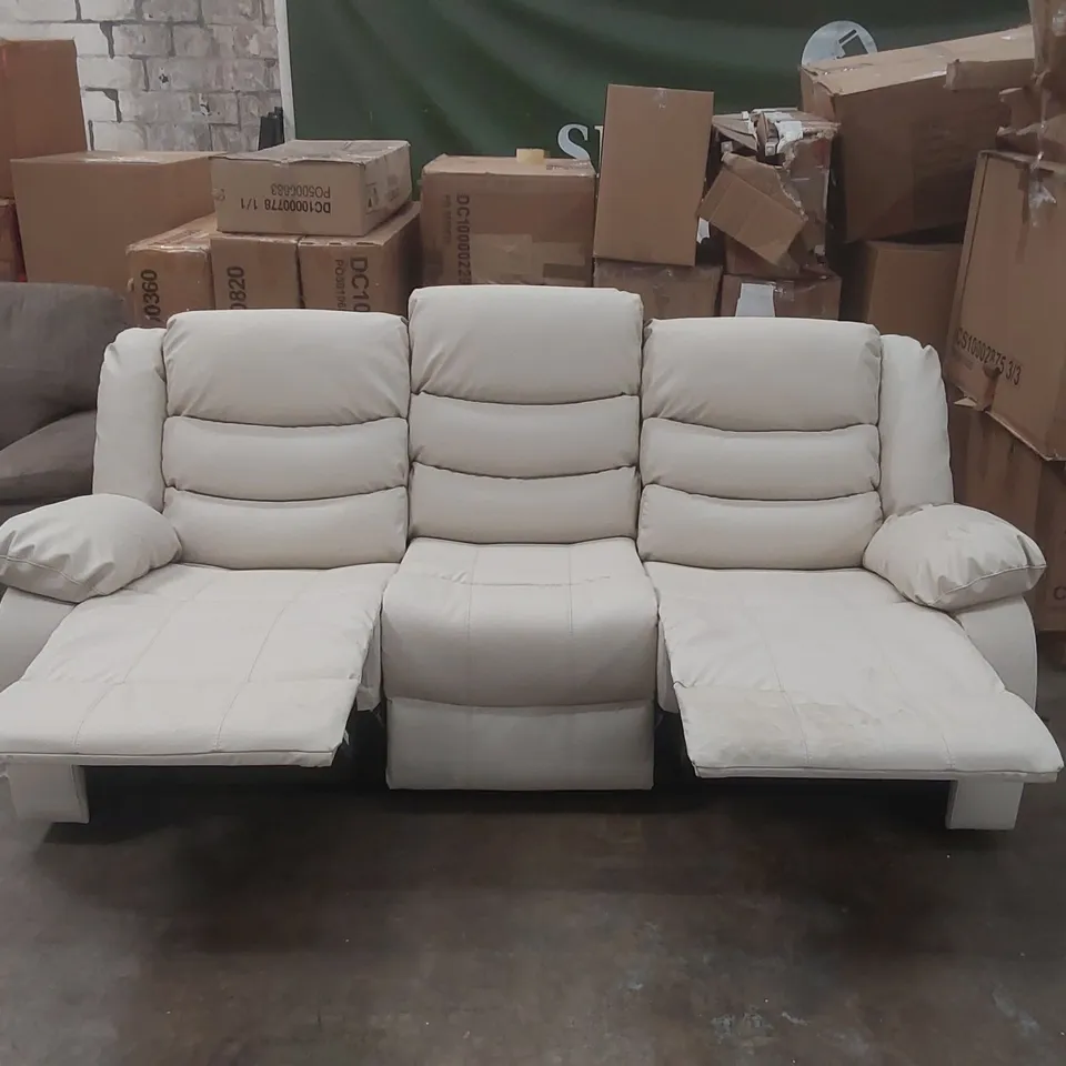 QUALITY DESIGNER FAUX LEATHER 3 SEATER MANUAL RECLINER SOFA IN CREAM