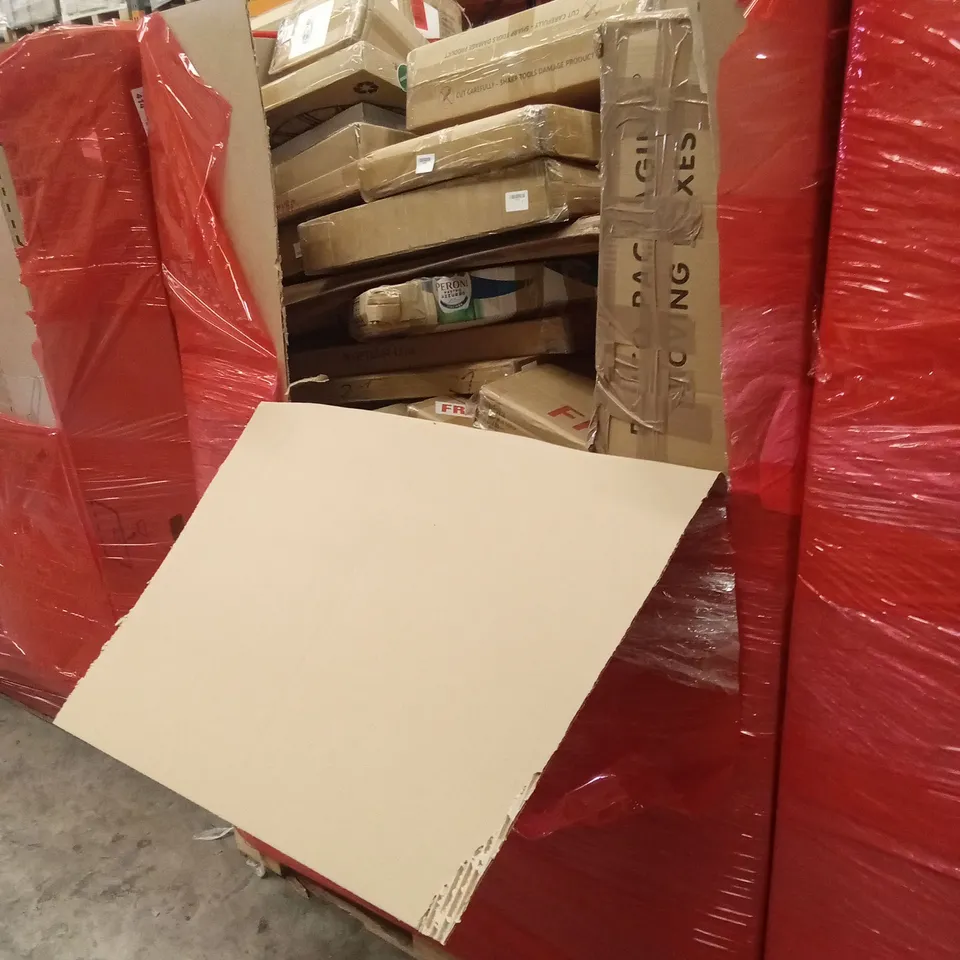 PALLET OF ASSORTED HOUSEHOLD GOODS AND PRODUCTS TO INCLUDE; WALL CLOCK, WALL MIRROR, CAT LITTER BOX, BOXED FURNITURE ETC